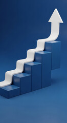Photo of white arrow on blue steps representing business growth and upward trend in a minimalist style