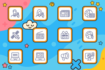 Journalism set icon. Male reporter with microphone, female reporter, newspaper, globe with newspaper, satellite, radio, press badge, globe with microphone, laptop with news, loudspeaker