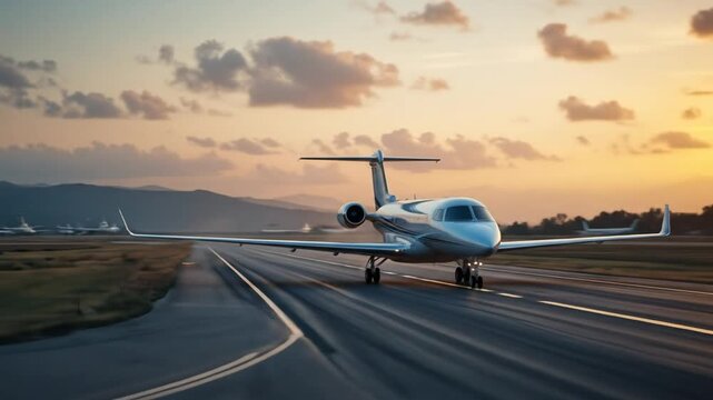 Private jet prepares for takeoff on runway during golden sunset hour with background mountain view