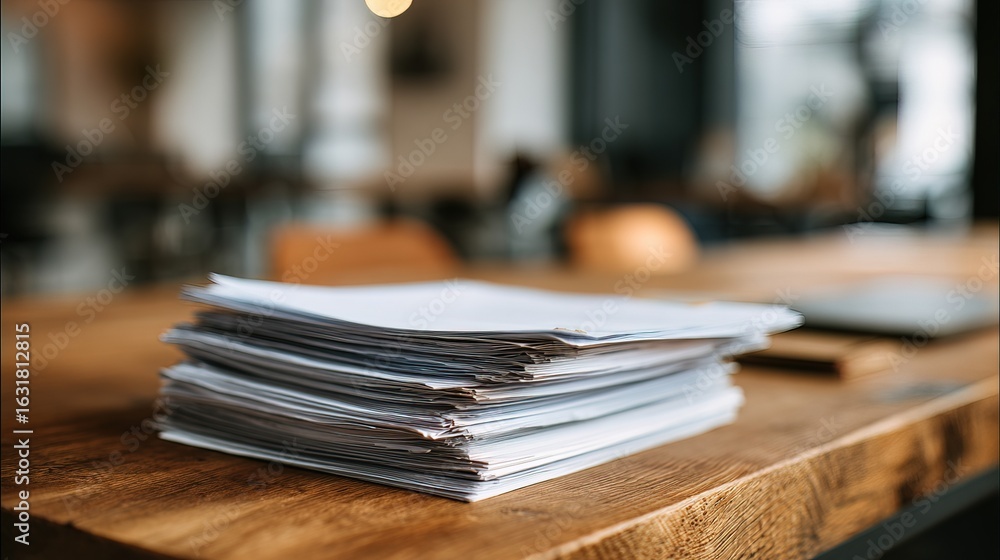 Poster a stack of papers rests on a wooden table in a modern workspace, reflecting a busy office environmen