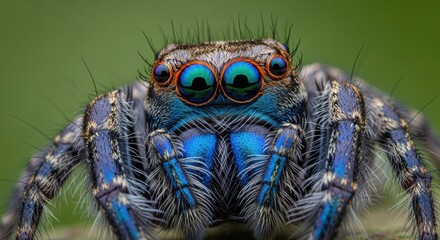 A vibrant jumping spider displays its iridescent blue and orange coloration in a detailed close up shot