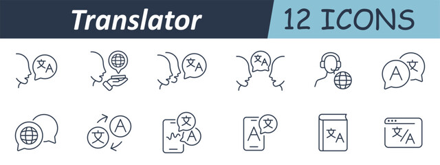 Translator set icon. Speech heads, globe icon, translation arrows, mobile screen, language bubbles, book conversion, headphone support, browser window, multilingual symbol