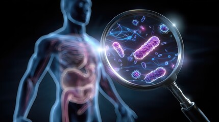 Visual representation of the human form with zoomed-in microbes under a magnifying glass, emphasizing the invisible but vital role of the microbiome.
