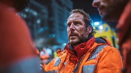 Rescue workers in high visibility jackets coordinating efforts during a night emergency operation, braving heavy rain while ensuring safety and support for those in need