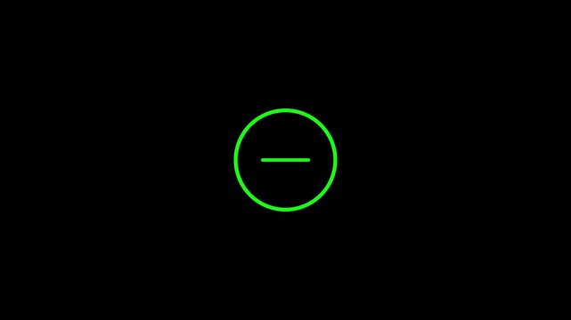 neon green minus sign icon animation glowing on black background, minimal circle button symbolizing remove, subtract, collapse, negative action for user interface, math, technology or explainer videos