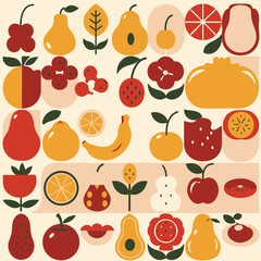 A vibrant retro pattern of geometric fruits and flowers, showcasing a summer harvest with a 70s aesthetic.