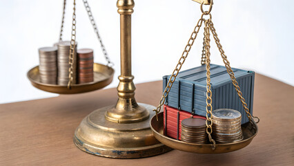 Tariff Announcement Market Balancing coins and shipping containers on scales, symbolizing trade and finance concepts.