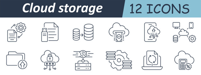 Cloud storage set icon. Data transfer, file synchronization, cloud access, online backup, secure folder, financial storage, network system, remote computing, and server upload visuals.