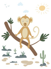 Nursery wall art, Playful monkey relaxing on branch in sunny desert landscape