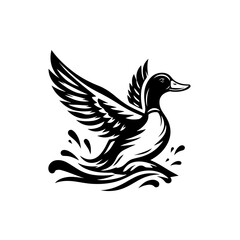 Obraz premium Vector art of duck flying over water isolated on white background in black and white
