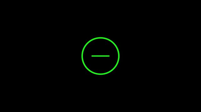 neon green minus sign icon animation glowing on black background, minimal circle button symbolizing remove, subtract, collapse, negative action for user interface, math, technology or explainer videos