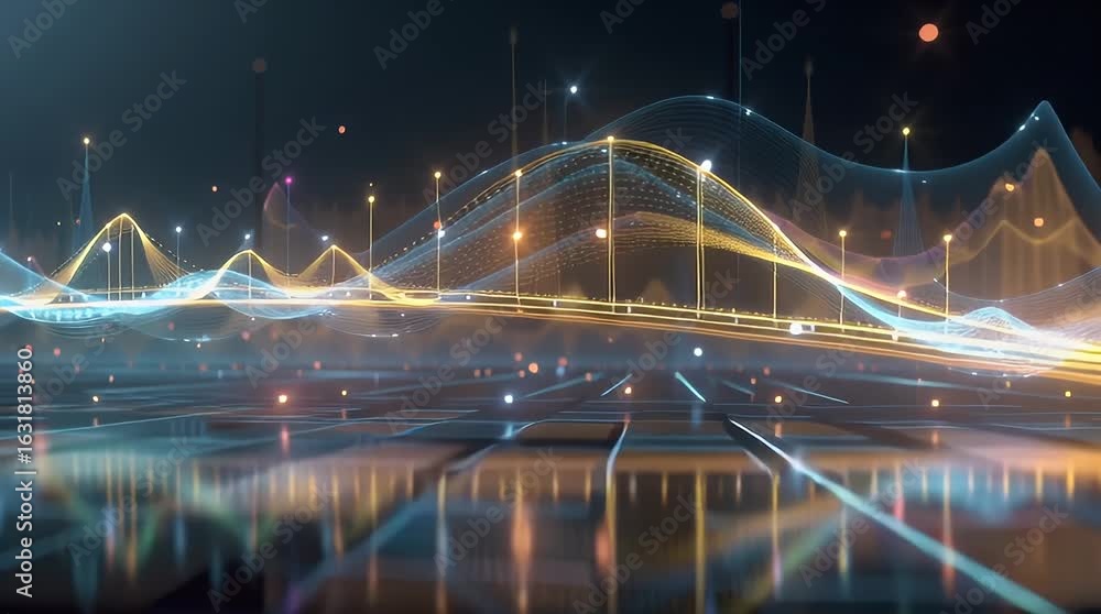Poster abstract digital waveform with colorful light trails in motion