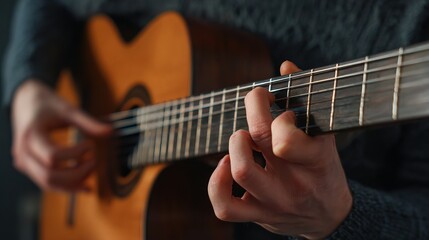 Close-up of a person playing an acoustic guitar, showcasing fingers on the strings, highlighting musical passion and craftsmanship.