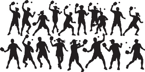 Silhouettes of people playing pickleball sport recreation, pickleball, sport, recreation, active, people, silhouettes, black and white, athletic, players, game, outdoor, action, movement, fitness, hea