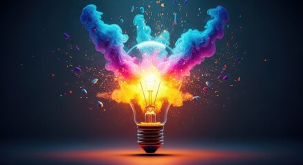 A bright lightbulb glows with colorful smoke exploding around it representing a creative idea