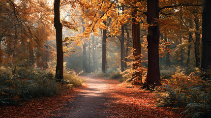 Fototapeta premium A tranquil, empty path winds through a dense forest, completely covered in a thick carpet of fallen orange, red, and yellow leaves. Warm, golden sunlight filters through the tree canopy.