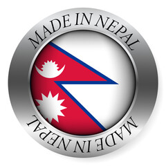 Made in Nepal button icon. Circular emblem with metallic border, glossy central flag, and bilingual label indicating product origin and international manufacturing identity.