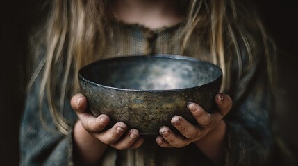 With gentle hands, a child presents an empty bowl, a quiet gesture filled with emotion, reflecting the universal need for care and nourishment.
