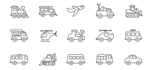 Simple black and white outlined transportation vehicles collection for creative projects