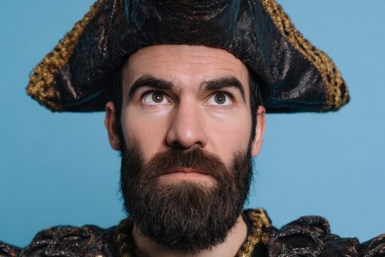 Bearded pirate, eyes set on the horizon, embodying Talk Like a Pirate Day, eccentric maritime dreams, unsinkable spirit