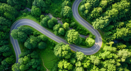 Aerial view of a winding road cutting through dense verdant forest with vibrant green foliage