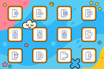 Mobile feature set icon. Several smartphone interface icons displaying power, upload, settings, battery levels, alarms, media play, love reaction, information tag, and ticket stubs in clean outlined