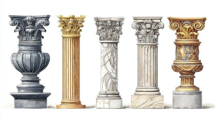 Obraz premium Different types of historic columns with distinct capitals and bases, isolated on white, highlighting traditional elements of classical architecture. 