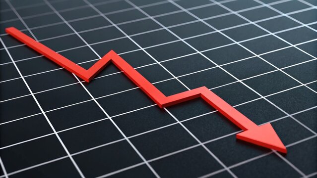 3D red jagged line graph descending on black grid background with downward arrow. Symbolizes stock market crash, financial loss, or economic decline in a clean, serious design.