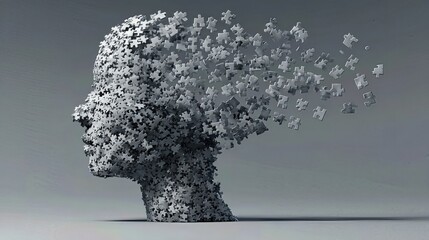 A puzzle embedded in a human head shape with a missing piece on gray background, conveying mental complexity and personal identity.
