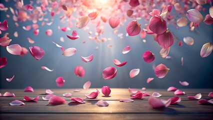 Pink rose petals falling on wooden surface