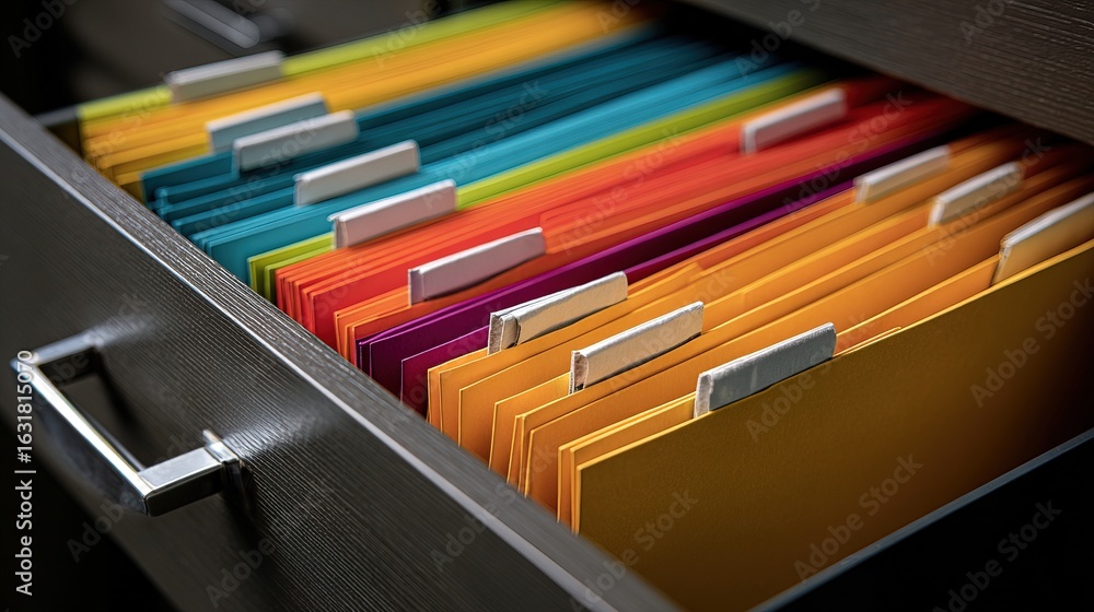 Poster a colorful filing cabinet drawer filled with neatly organized folders in various hues, showcasing an