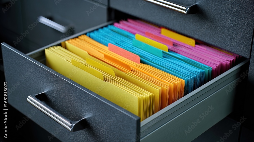 Poster a colorful drawer filled with neatly organized file folders, showcasing various vibrant colors for e