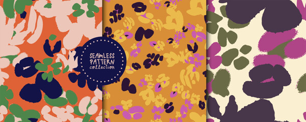 Set of seamless patterns with abstract colorful flowers in vector. Backgrounds, prints, design elements