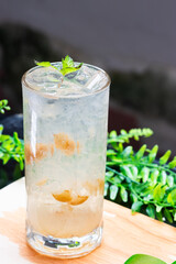 Iced preserved lime soda in a clear glass with crushed ice and mint leaves, served on a wooden surface with a green leafy background.