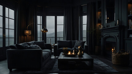 Dark moody living room design