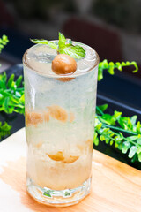 A refreshing glass of iced preserved plum soda garnished with mint leaves, served on a wooden surface with a green background.