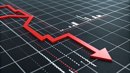 3D red jagged line graph descending on black grid background with downward arrow. Symbolizes stock market crash, financial loss, or economic decline in a clean, serious design.