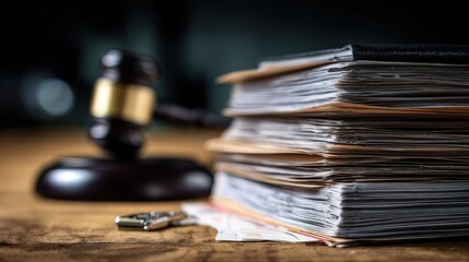 A close-up of a gavel beside a stack of legal documents, symbolizing law, justice, and the judicial process on a wooden surface.