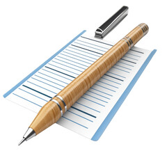 Wooden pen on lined paper, writing instrument with cap, office supply for note taking on transparent background