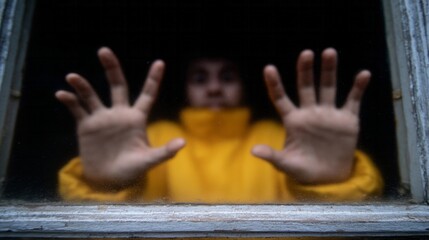 {Rustic window frames fingers splayed, while mysterious figure in yellow invites cosmic wonder or Dia de Muertos magic}