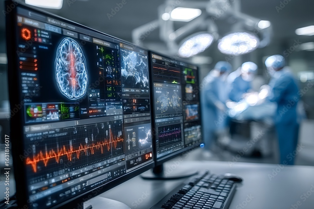 Poster two computer monitors display a brain scan and vital signs while a medical team performs neurosurger