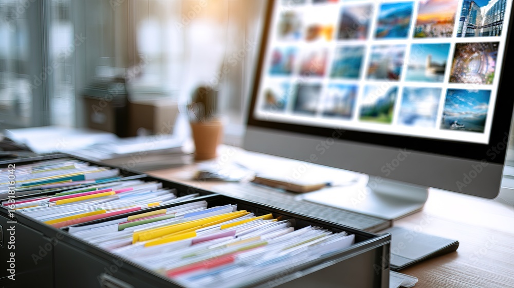 Poster a modern office workspace featuring a computer screen displaying images, alongside organized file fo