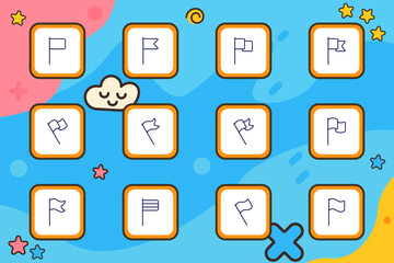 Flag set icon. Line icons of various flag types on poles, including curved, straight, waving, and rectangular forms arranged in uniform tiles on a blue layout