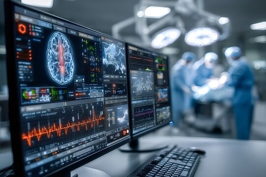 Two computer monitors display a brain scan and vital signs while a medical team performs neurosurgery in a modern operating room, showcasing advanced medical technology and healthcare innovation