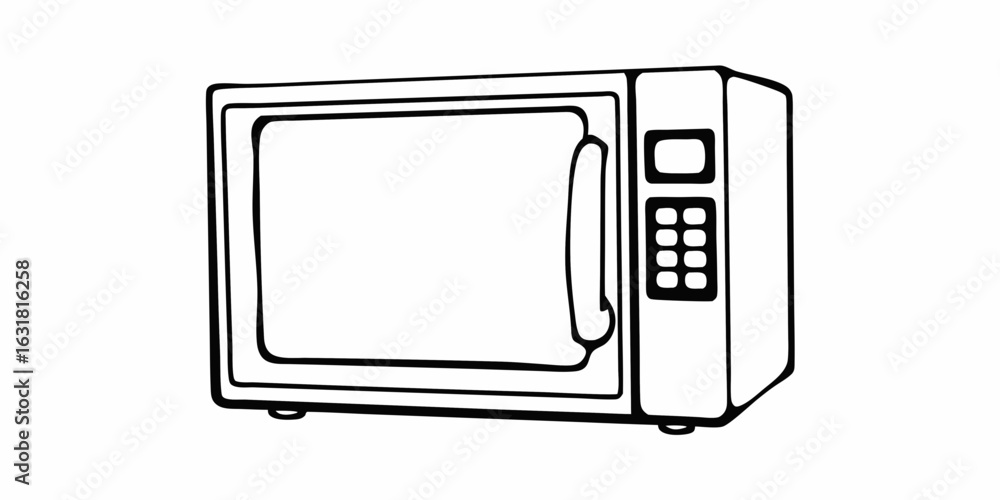 Poster a simple black and white line drawing of a microwave oven with a keypad and door handle design