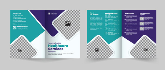 Healthcare service bifold brochure design or Medical, hospital, clinic, and diagnostic center promotion brochure template, Multipurpose template with cover, back, and inside pages layout