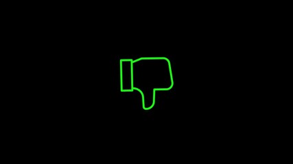 neon green thumbs down icon animation glowing on black background, minimal dislike button symbol for negative feedback, rejection, unlike, customer review interface or social media explainer video