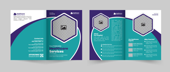 Healthcare service bifold brochure design or Medical, hospital, clinic, and diagnostic center promotion brochure template, Multipurpose template with cover, back, and inside pages layout