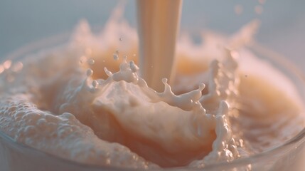 Pouring creamy rainstorm, ethereal froth swirls capture Hygge vibes, National Milk Day, latte art fantasies come alive