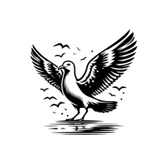 Obraz premium Vector art of seagull with open wings flying over the sea isolated on white background